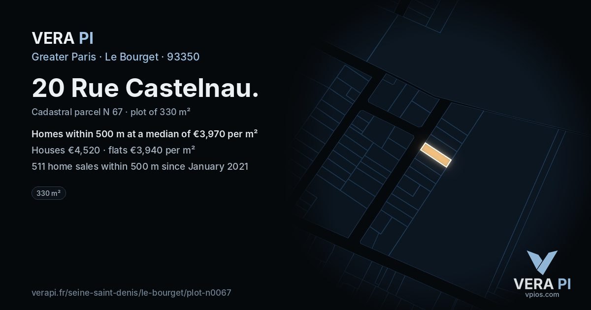 20 Rue Castelnau, Le Bourget at night – the plot lit, the parcels around coloured by the prices near them