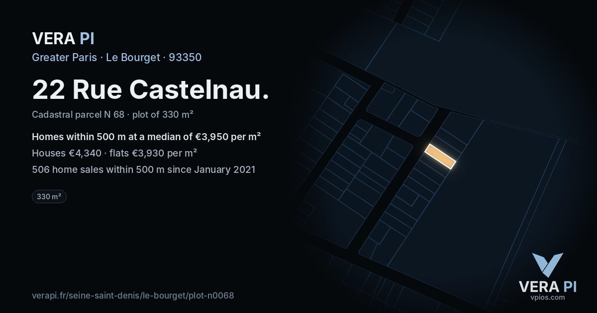 22 Rue Castelnau, Le Bourget at night – the plot lit, the parcels around coloured by the prices near them