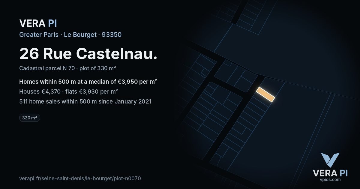 26 Rue Castelnau, Le Bourget at night – the plot lit, the parcels around coloured by the prices near them