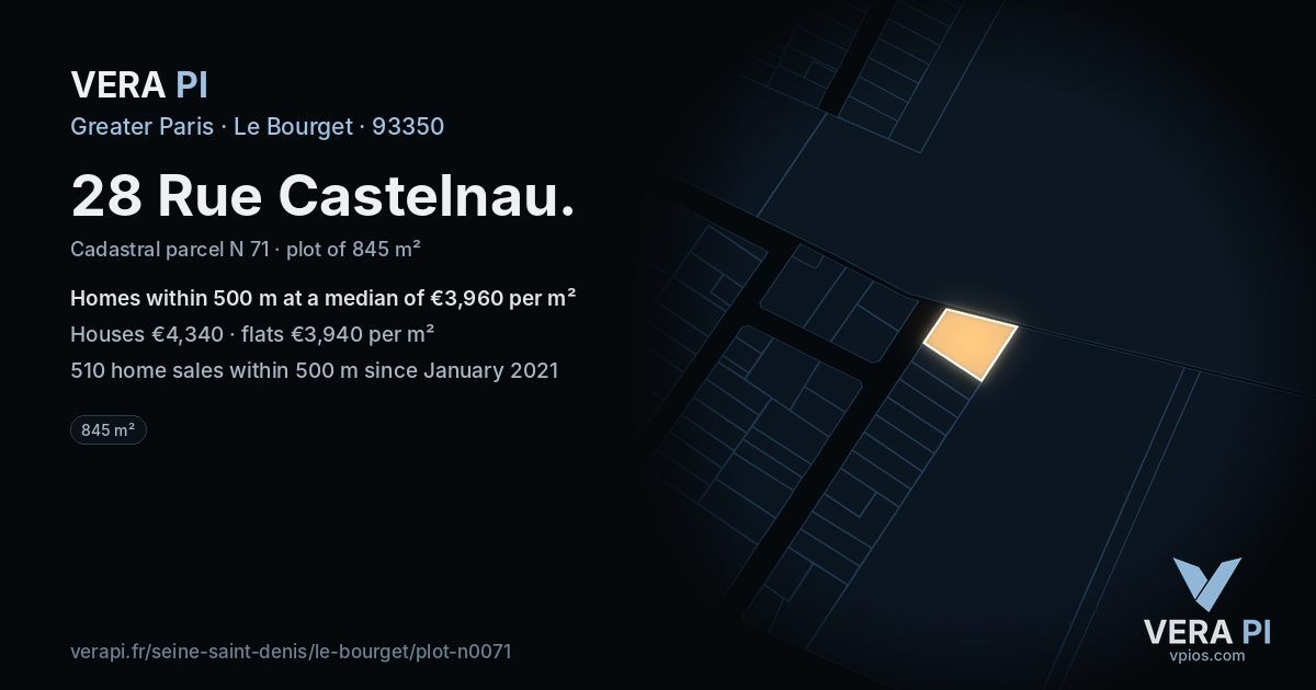 28 Rue Castelnau, Le Bourget at night – the plot lit, the parcels around coloured by the prices near them