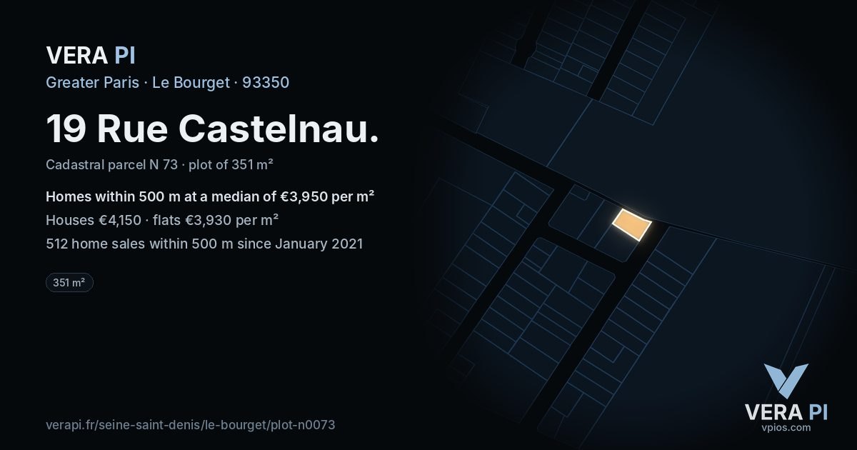 19 Rue Castelnau, Le Bourget at night – the plot lit, the parcels around coloured by the prices near them