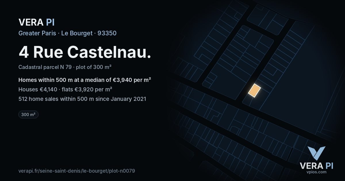 4 Rue Castelnau, Le Bourget at night – the plot lit, the parcels around coloured by the prices near them