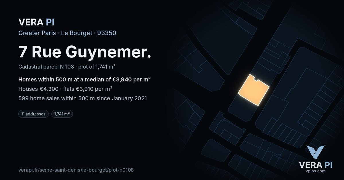 7 Rue Guynemer, Le Bourget at night – the plot lit, the parcels around coloured by the prices near them
