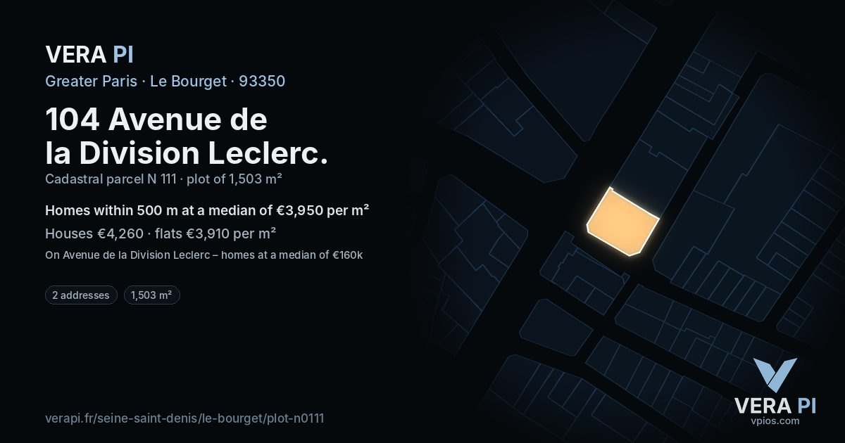 104 Avenue de la Division Leclerc, Le Bourget at night – the plot lit, the parcels around coloured by the prices near them