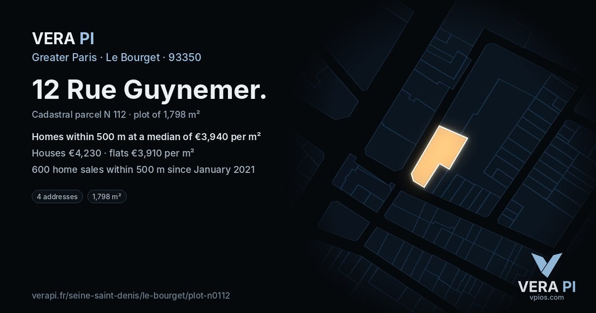 12 Rue Guynemer, Le Bourget at night – the plot lit, the parcels around coloured by the prices near them