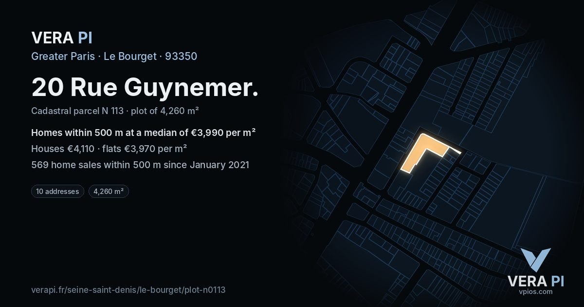 20 Rue Guynemer, Le Bourget at night – the plot lit, the parcels around coloured by the prices near them