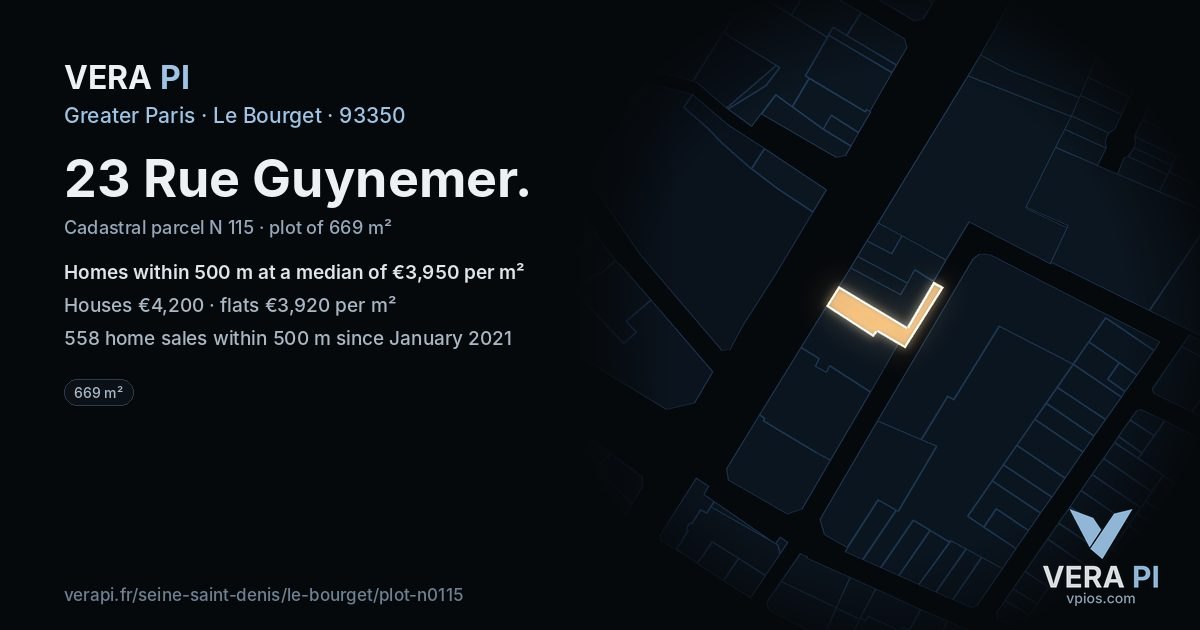 23 Rue Guynemer, Le Bourget at night – the plot lit, the parcels around coloured by the prices near them