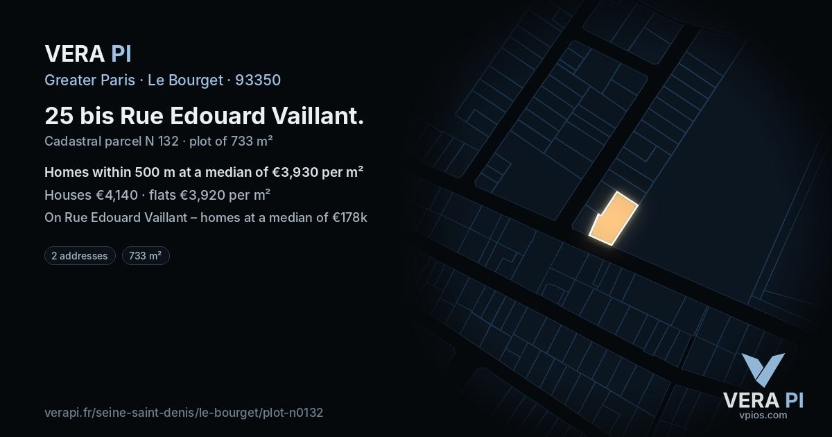 25 bis Rue Edouard Vaillant, Le Bourget at night – the plot lit, the parcels around coloured by the prices near them