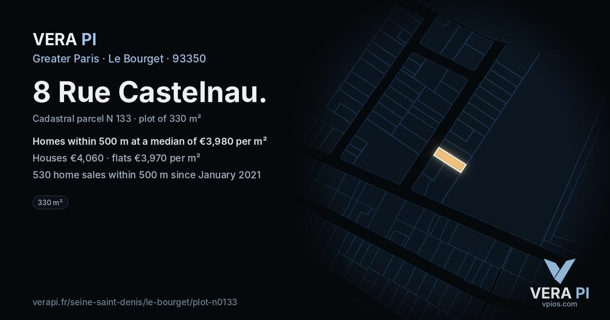 8 Rue Castelnau, Le Bourget at night – the plot lit, the parcels around coloured by the prices near them