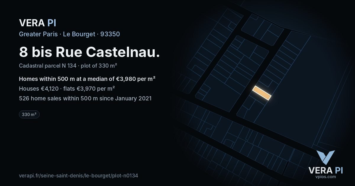 8 bis Rue Castelnau, Le Bourget at night – the plot lit, the parcels around coloured by the prices near them