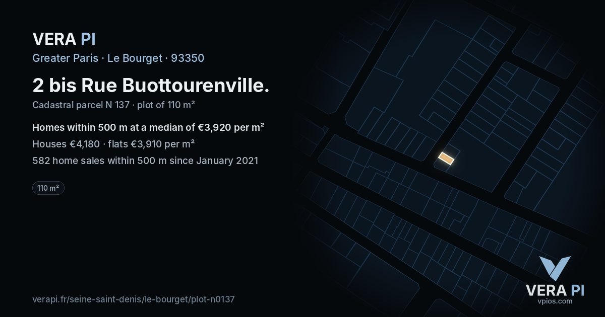 2 bis Rue Buottourenville, Le Bourget at night – the plot lit, the parcels around coloured by the prices near them