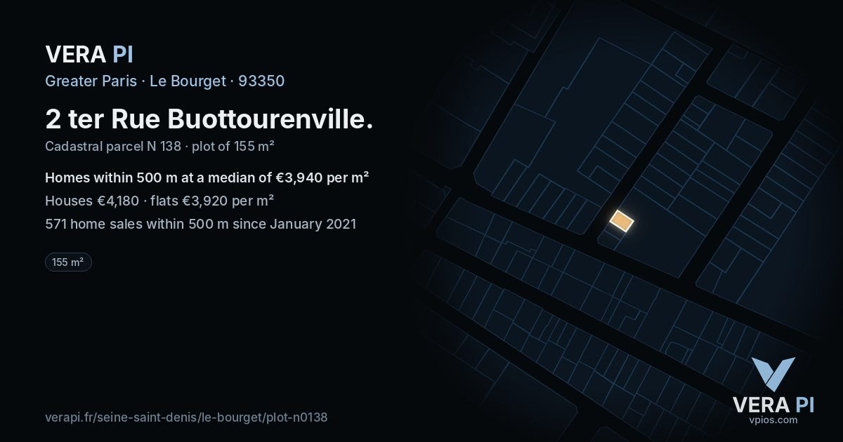 2 ter Rue Buottourenville, Le Bourget at night – the plot lit, the parcels around coloured by the prices near them
