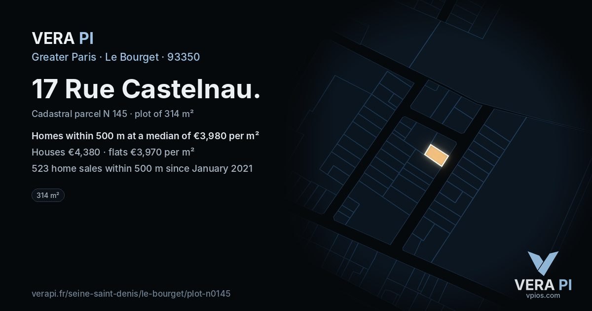 17 Rue Castelnau, Le Bourget at night – the plot lit, the parcels around coloured by the prices near them