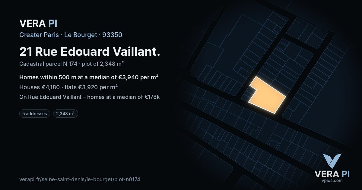 21 Rue Edouard Vaillant, Le Bourget at night – the plot lit, the parcels around coloured by the prices near them