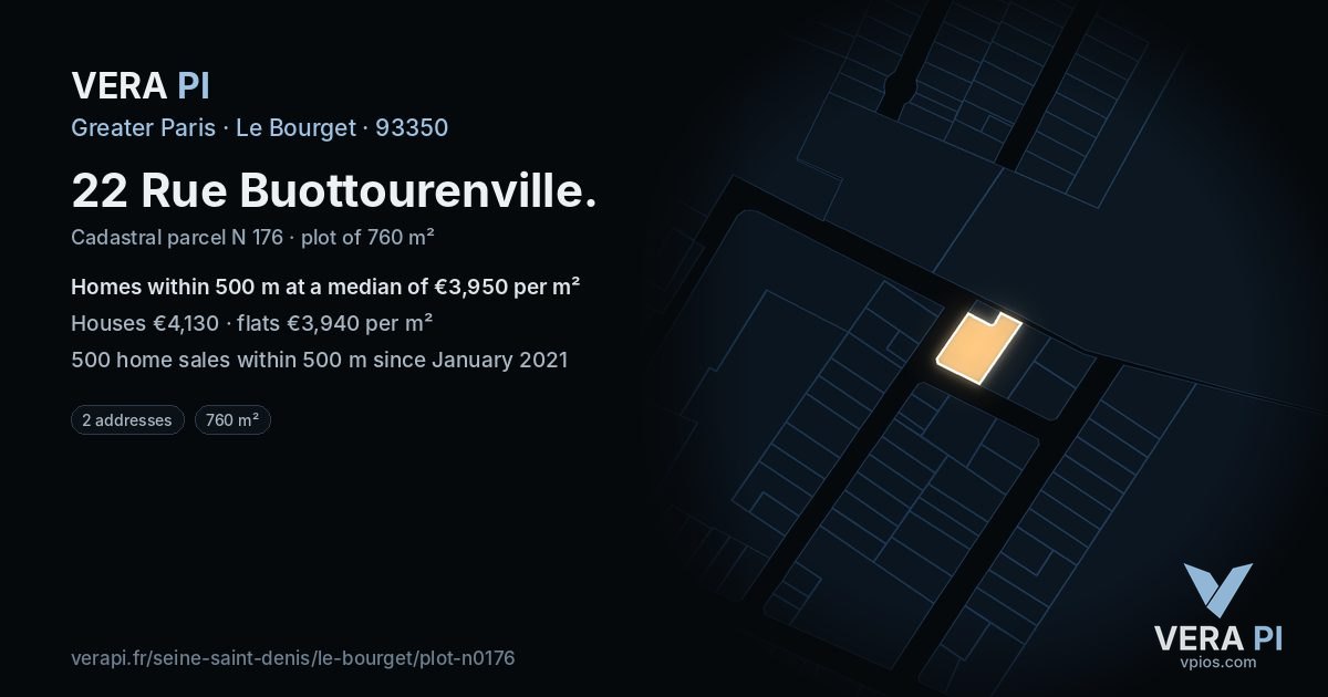 22 Rue Buottourenville, Le Bourget at night – the plot lit, the parcels around coloured by the prices near them