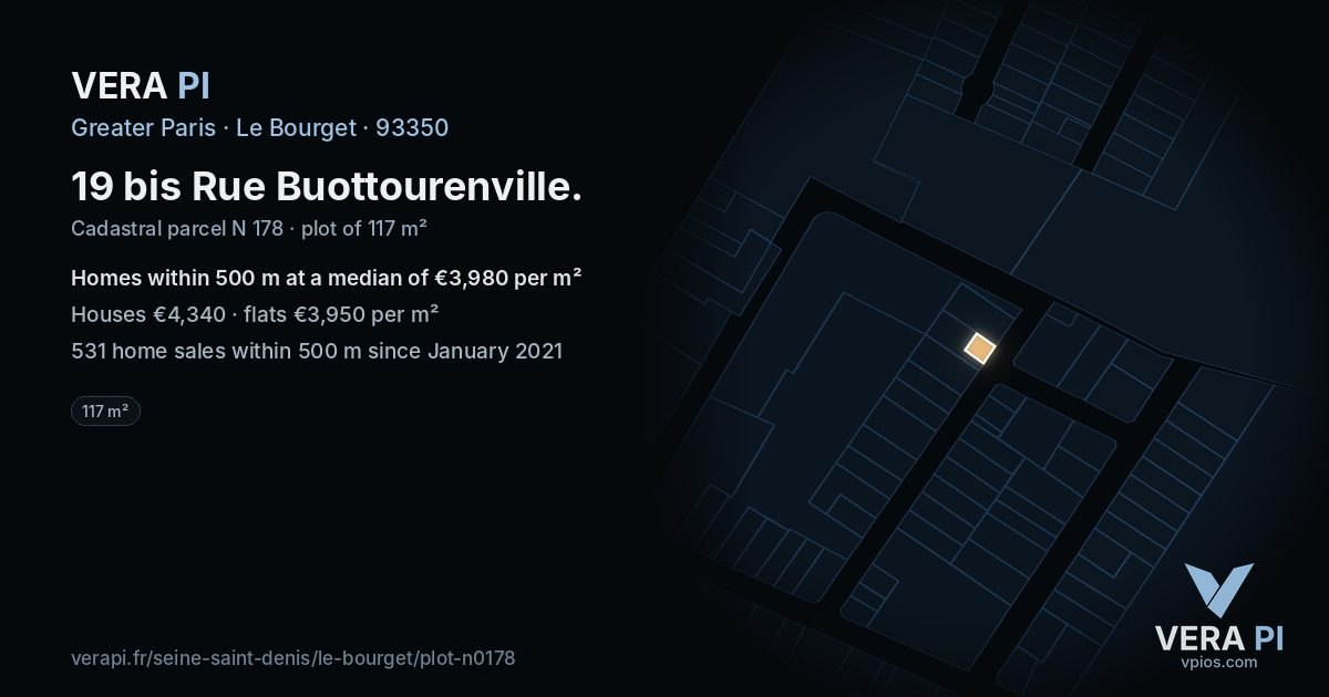 19 bis Rue Buottourenville, Le Bourget at night – the plot lit, the parcels around coloured by the prices near them