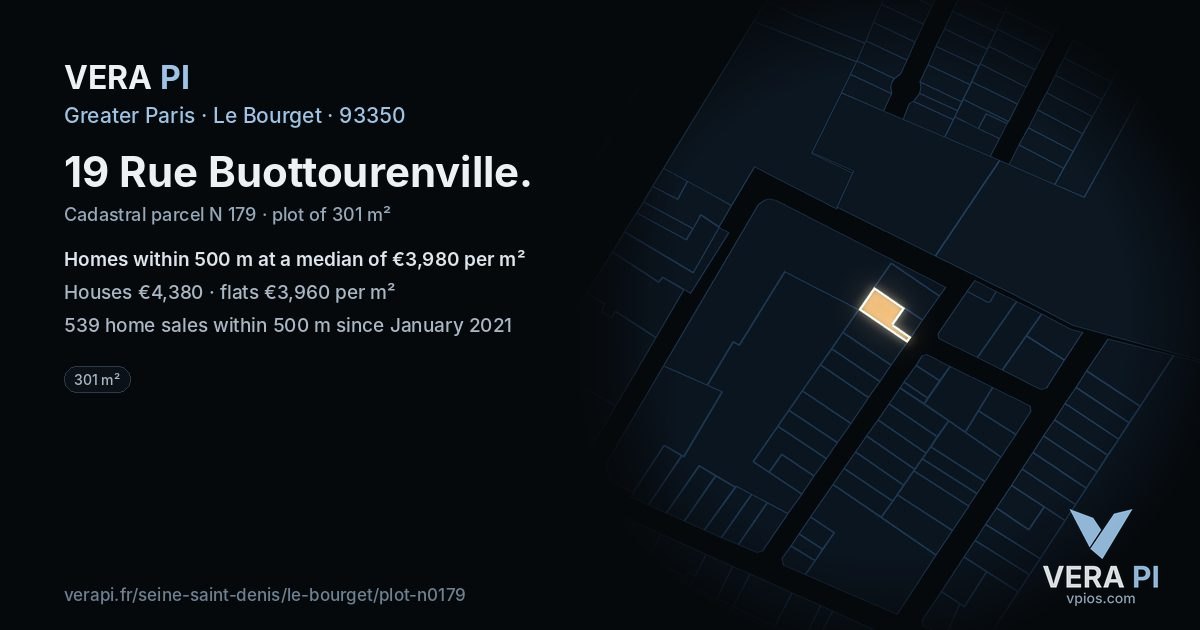 19 Rue Buottourenville, Le Bourget at night – the plot lit, the parcels around coloured by the prices near them