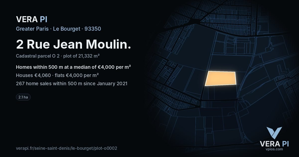 2 Rue Jean Moulin, Le Bourget at night – the plot lit, the parcels around coloured by the prices near them