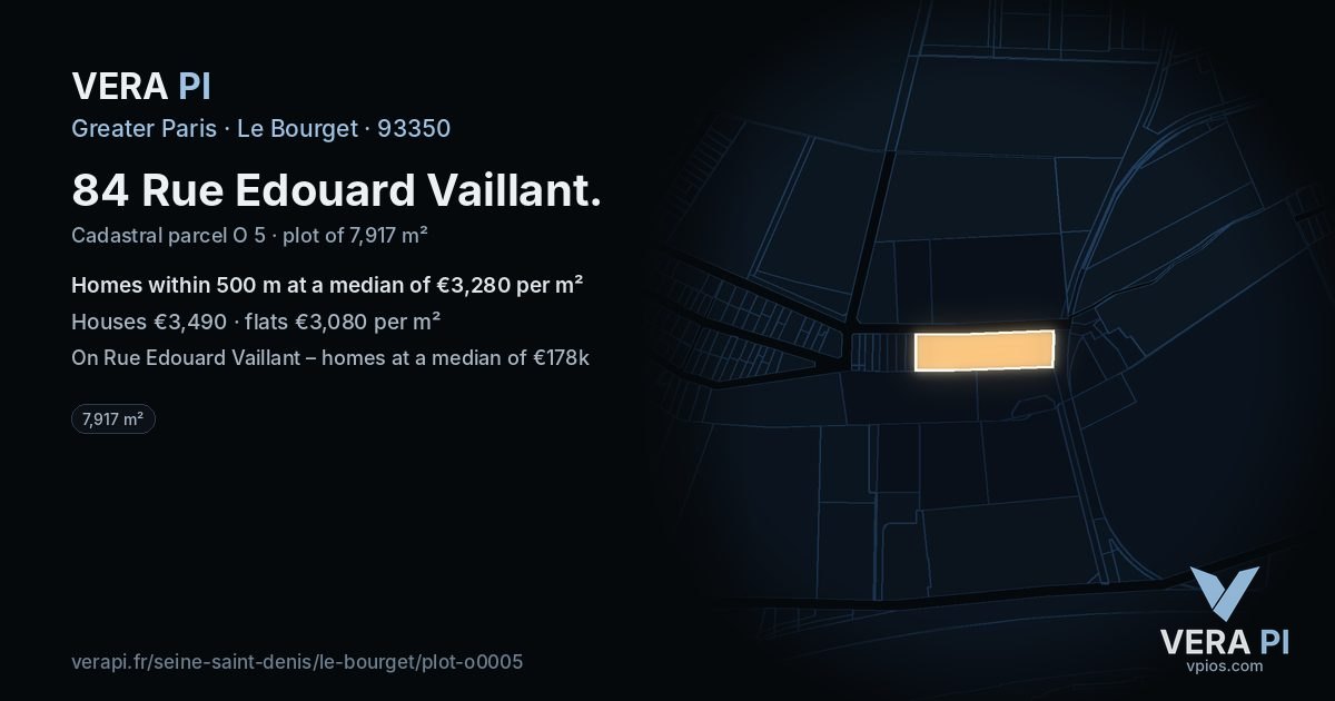 84 Rue Edouard Vaillant, Le Bourget at night – the plot lit, the parcels around coloured by the prices near them
