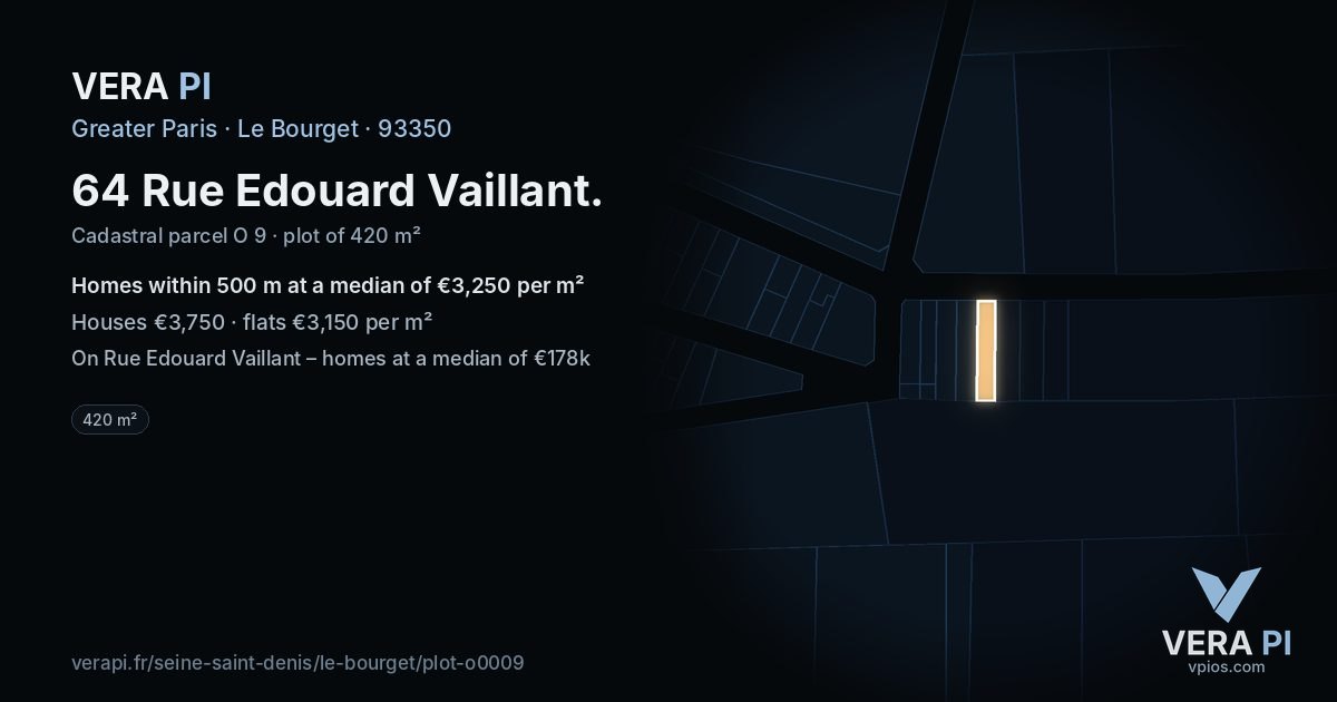 64 Rue Edouard Vaillant, Le Bourget at night – the plot lit, the parcels around coloured by the prices near them