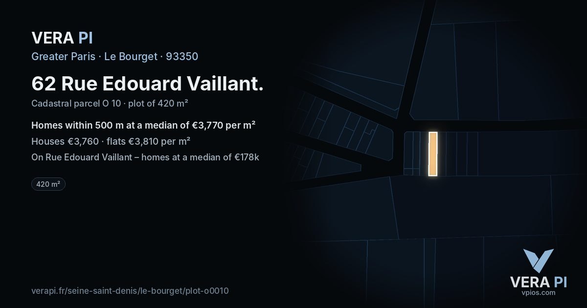 62 Rue Edouard Vaillant, Le Bourget at night – the plot lit, the parcels around coloured by the prices near them