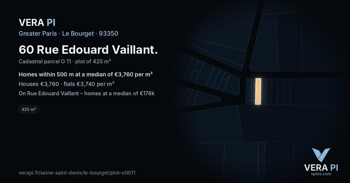 60 Rue Edouard Vaillant, Le Bourget at night – the plot lit, the parcels around coloured by the prices near them