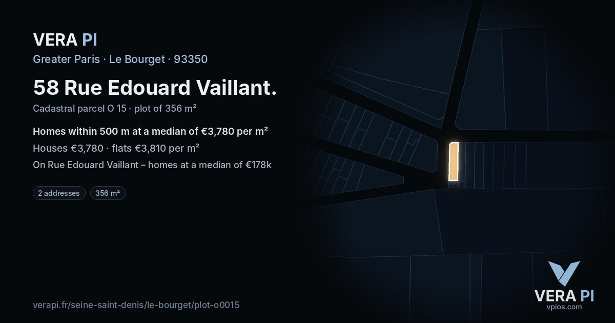 58 Rue Edouard Vaillant, Le Bourget at night – the plot lit, the parcels around coloured by the prices near them