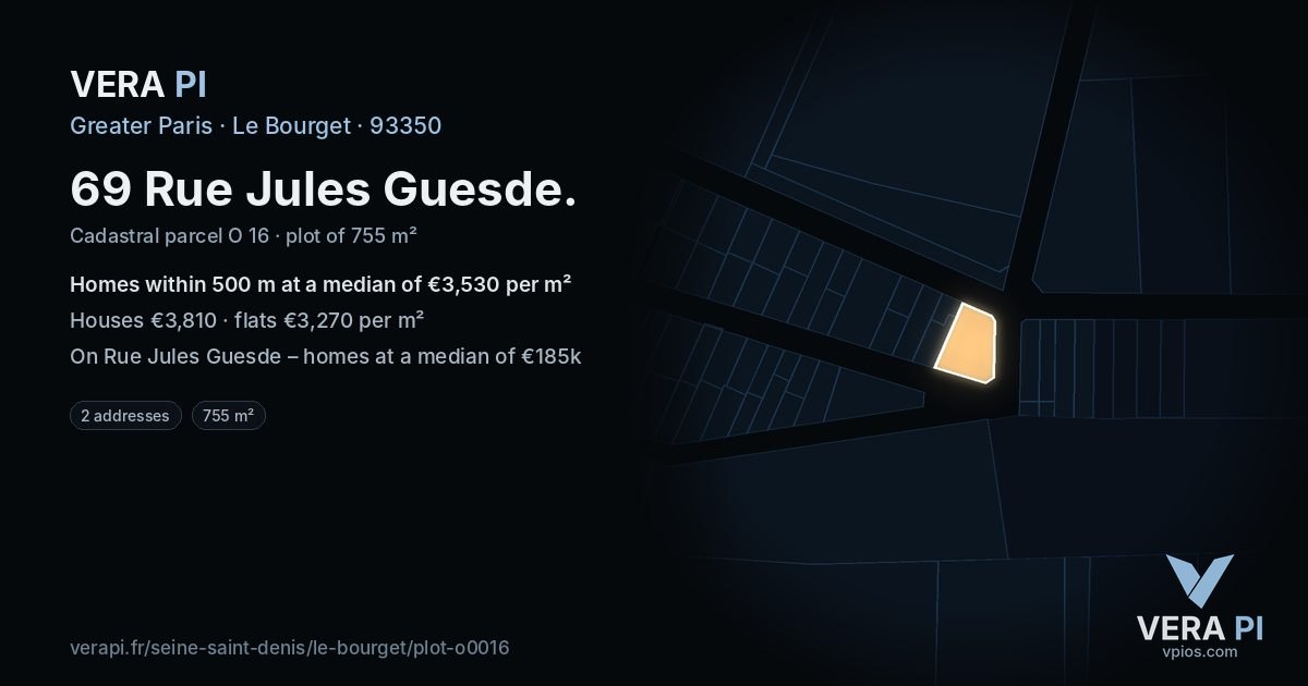 69 Rue Jules Guesde, Le Bourget at night – the plot lit, the parcels around coloured by the prices near them