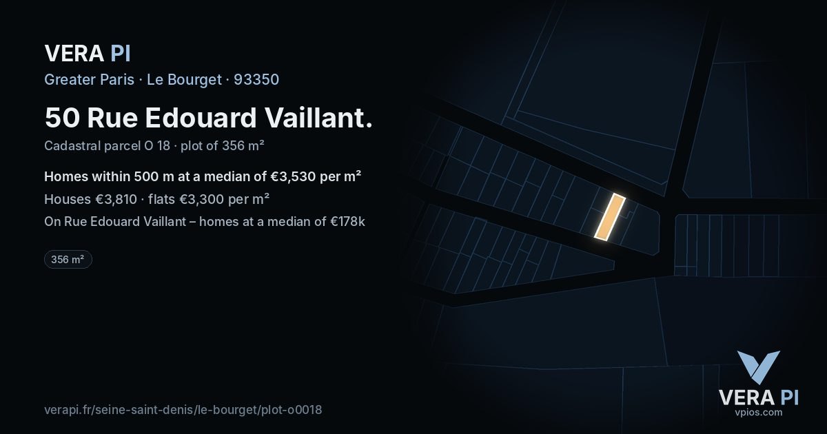 50 Rue Edouard Vaillant, Le Bourget at night – the plot lit, the parcels around coloured by the prices near them