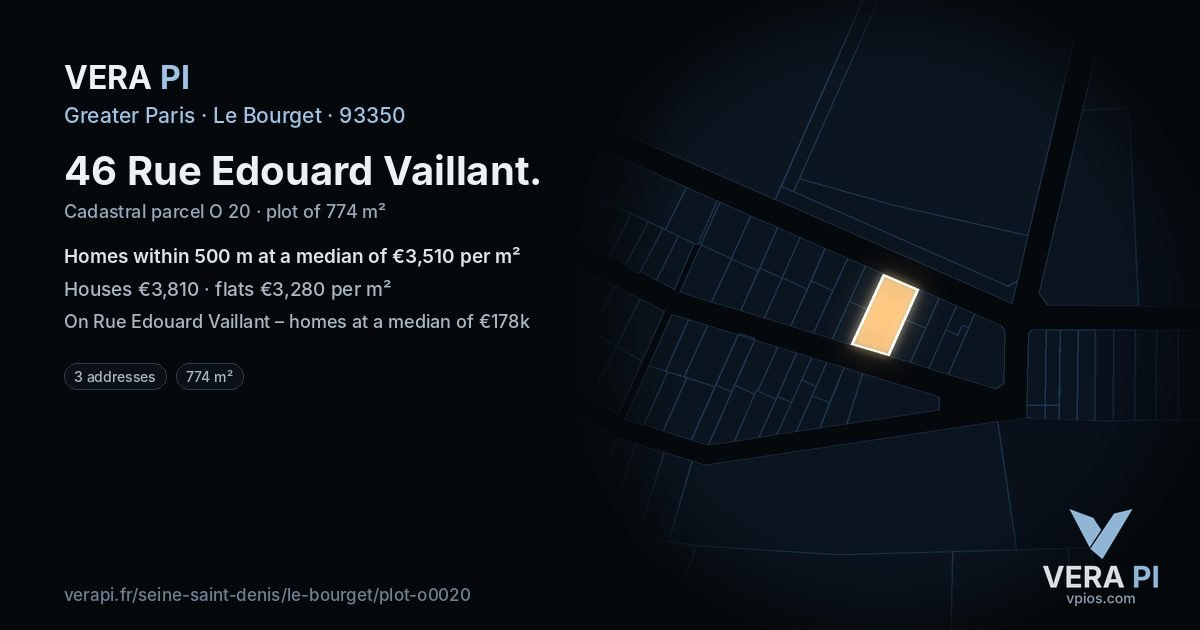 46 Rue Edouard Vaillant, Le Bourget at night – the plot lit, the parcels around coloured by the prices near them