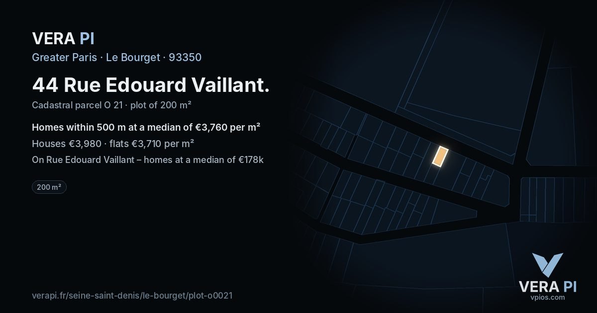 44 Rue Edouard Vaillant, Le Bourget at night – the plot lit, the parcels around coloured by the prices near them