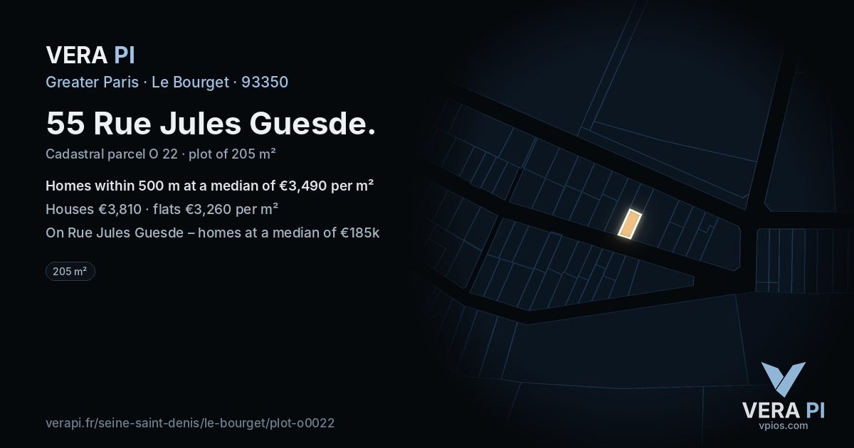 55 Rue Jules Guesde, Le Bourget at night – the plot lit, the parcels around coloured by the prices near them