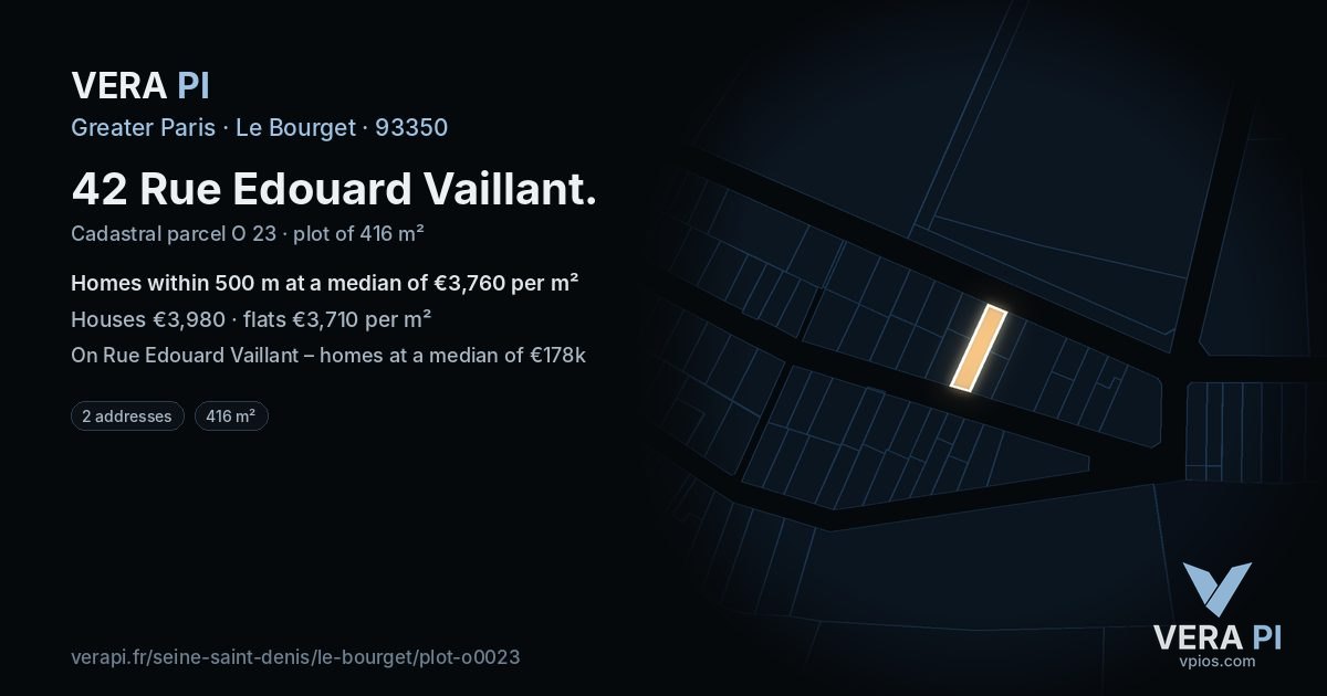 42 Rue Edouard Vaillant, Le Bourget at night – the plot lit, the parcels around coloured by the prices near them