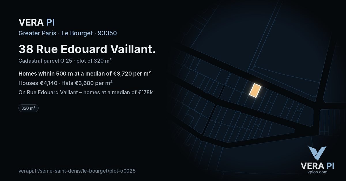38 Rue Edouard Vaillant, Le Bourget at night – the plot lit, the parcels around coloured by the prices near them