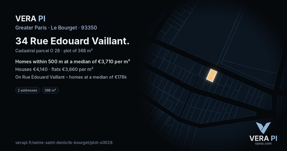 34 Rue Edouard Vaillant, Le Bourget at night – the plot lit, the parcels around coloured by the prices near them
