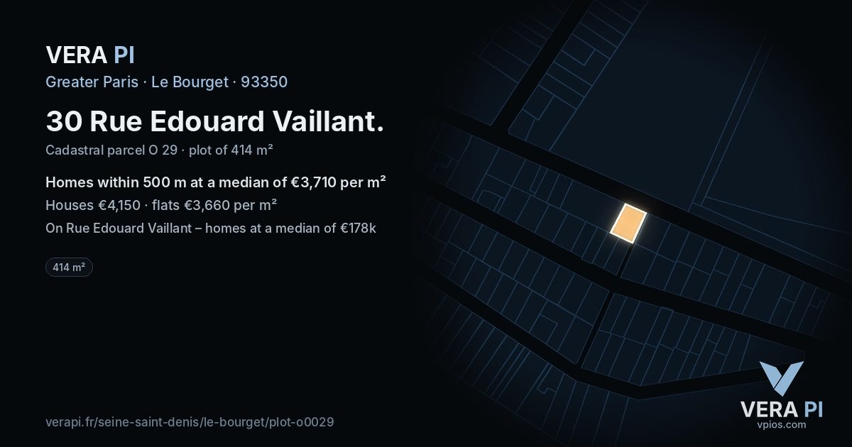 30 Rue Edouard Vaillant, Le Bourget at night – the plot lit, the parcels around coloured by the prices near them