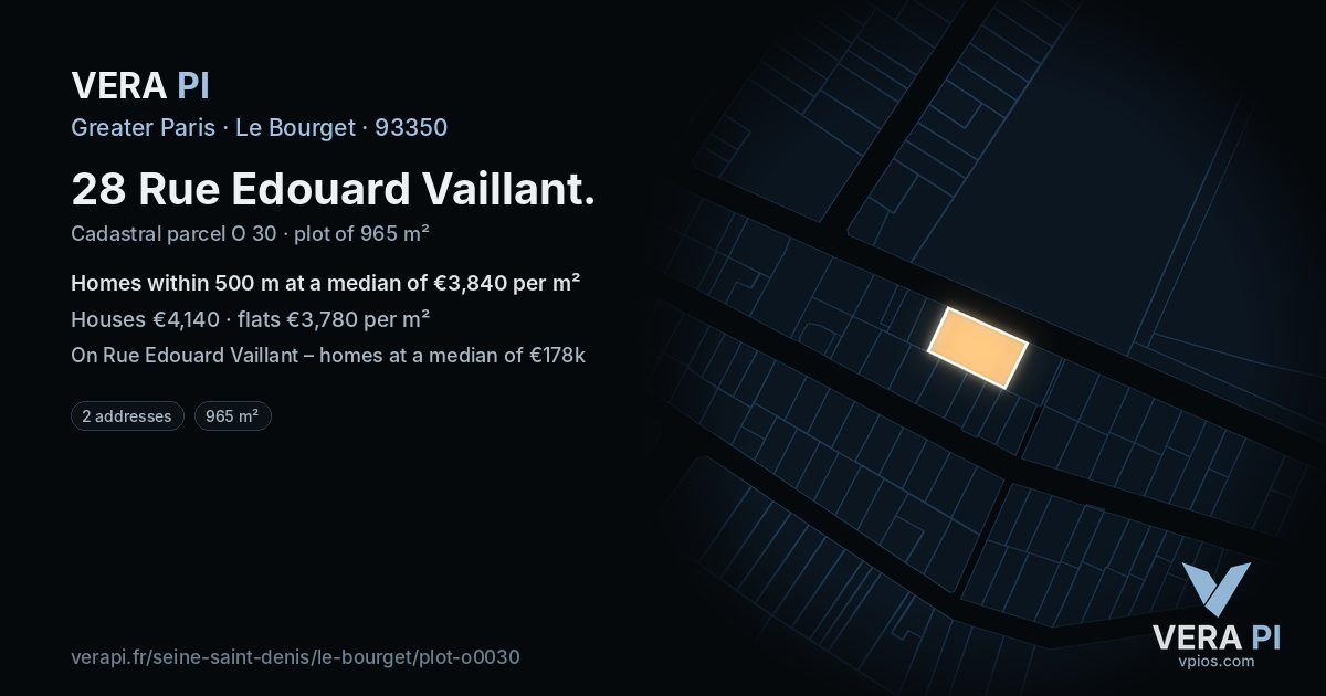 28 Rue Edouard Vaillant, Le Bourget at night – the plot lit, the parcels around coloured by the prices near them