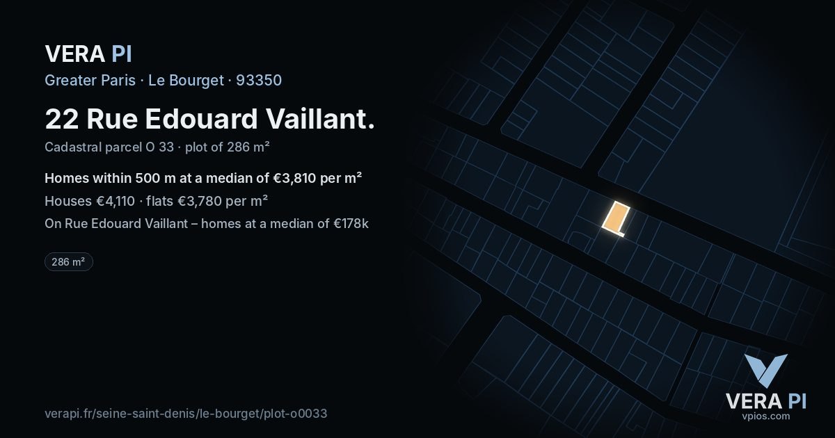 22 Rue Edouard Vaillant, Le Bourget at night – the plot lit, the parcels around coloured by the prices near them