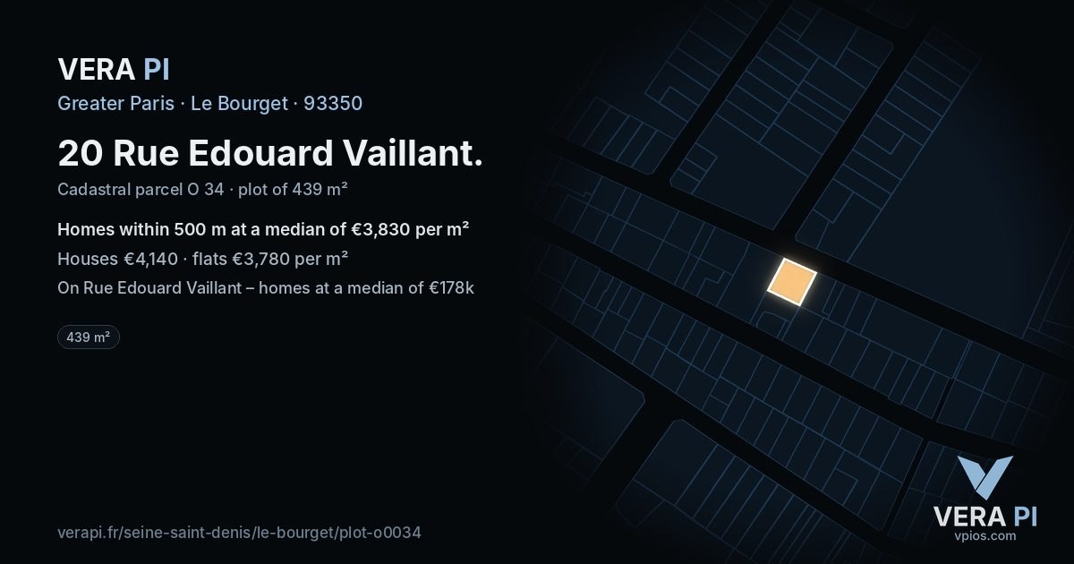 20 Rue Edouard Vaillant, Le Bourget at night – the plot lit, the parcels around coloured by the prices near them