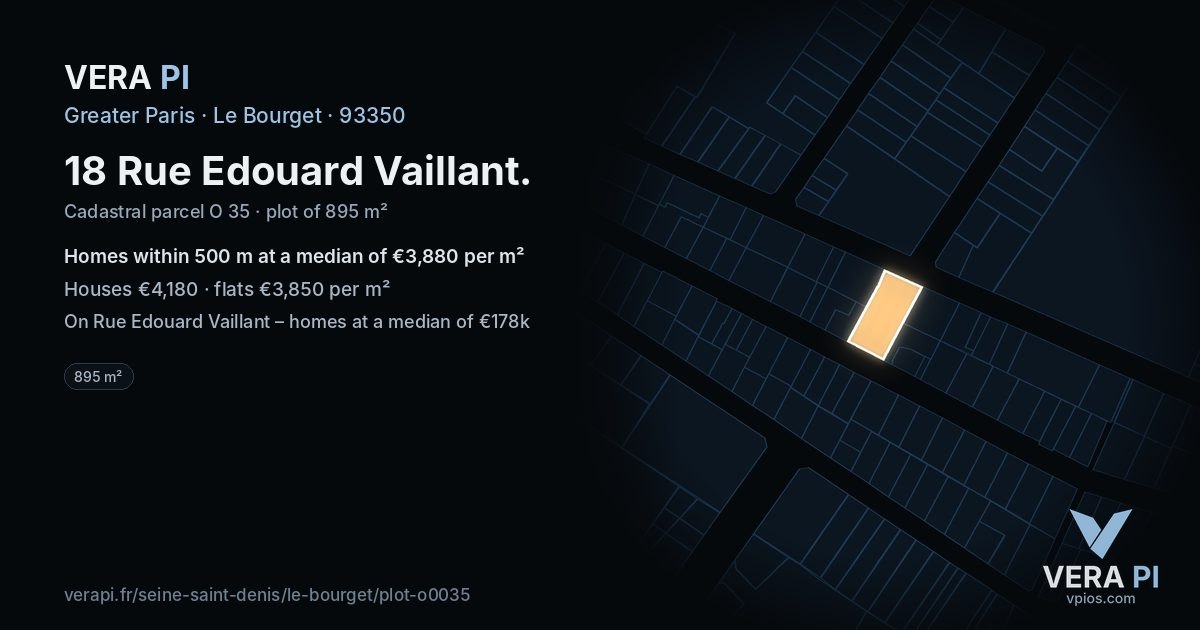 18 Rue Edouard Vaillant, Le Bourget at night – the plot lit, the parcels around coloured by the prices near them