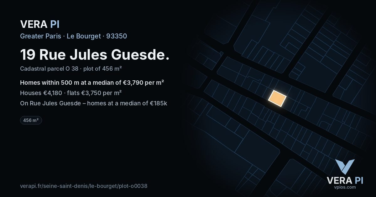 19 Rue Jules Guesde, Le Bourget at night – the plot lit, the parcels around coloured by the prices near them