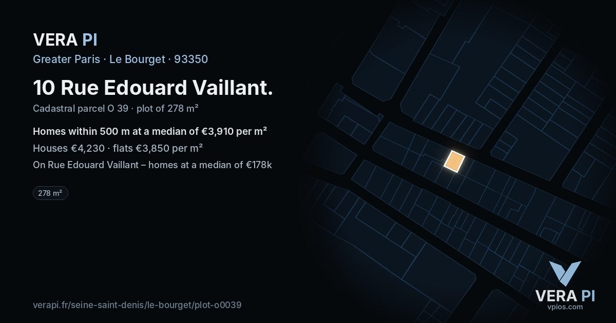 10 Rue Edouard Vaillant, Le Bourget at night – the plot lit, the parcels around coloured by the prices near them