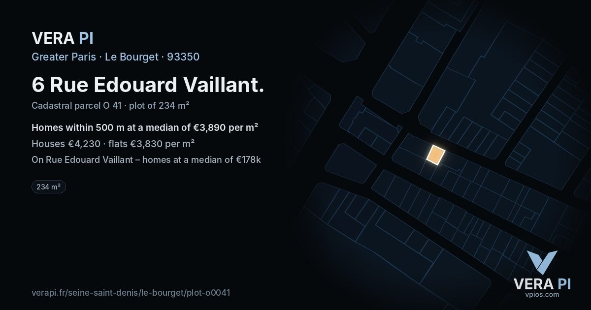 6 Rue Edouard Vaillant, Le Bourget at night – the plot lit, the parcels around coloured by the prices near them