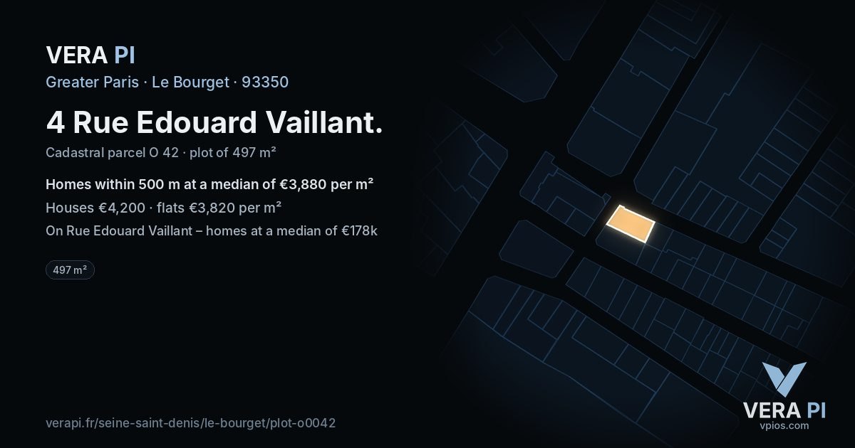 4 Rue Edouard Vaillant, Le Bourget at night – the plot lit, the parcels around coloured by the prices near them
