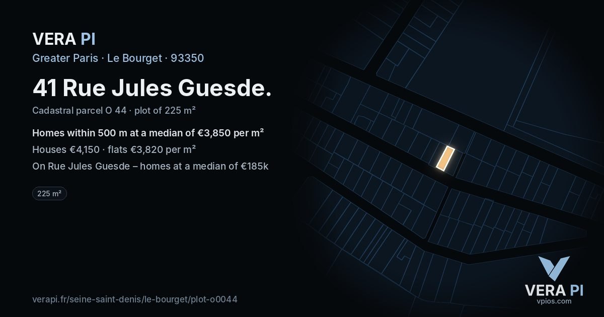 41 Rue Jules Guesde, Le Bourget at night – the plot lit, the parcels around coloured by the prices near them