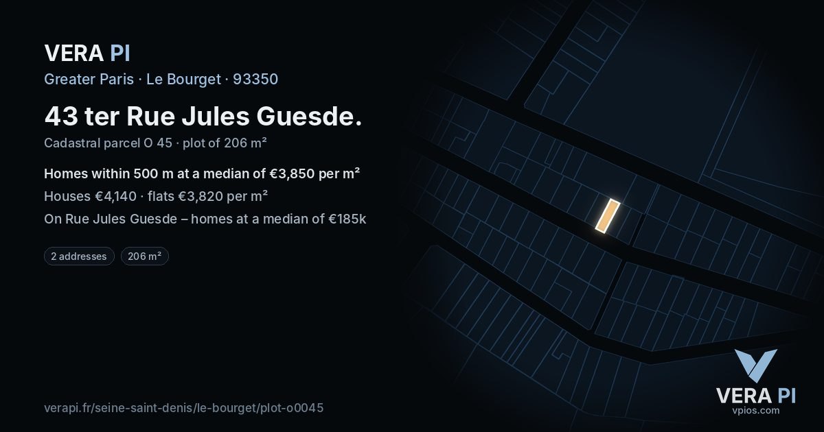 43 ter Rue Jules Guesde, Le Bourget at night – the plot lit, the parcels around coloured by the prices near them