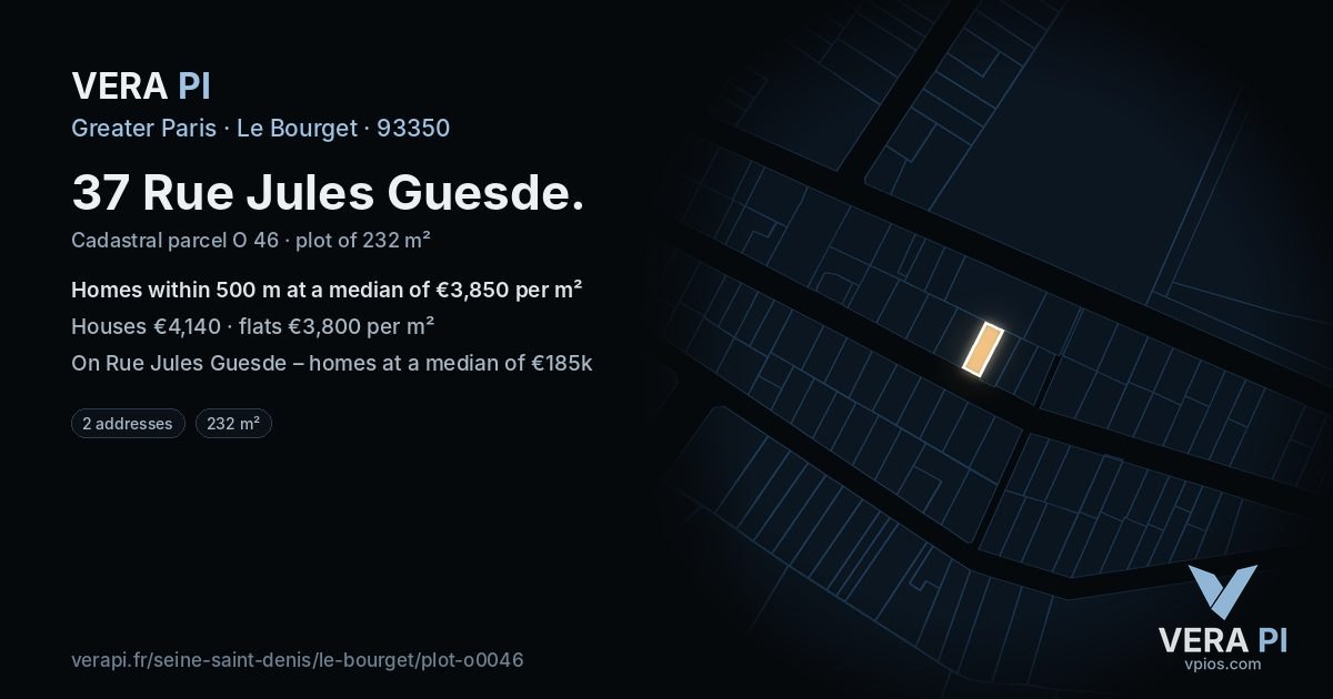 37 Rue Jules Guesde, Le Bourget at night – the plot lit, the parcels around coloured by the prices near them