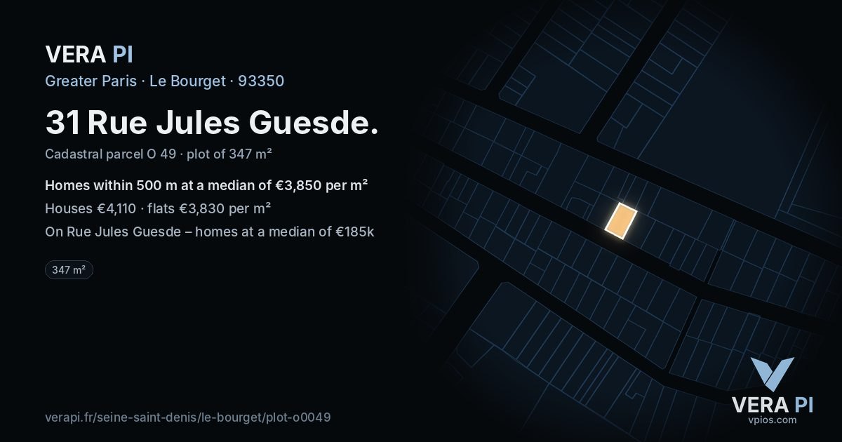 31 Rue Jules Guesde, Le Bourget at night – the plot lit, the parcels around coloured by the prices near them