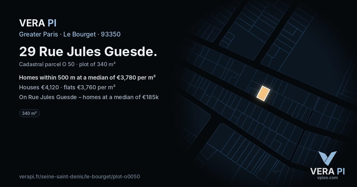 29 Rue Jules Guesde, Le Bourget at night – the plot lit, the parcels around coloured by the prices near them