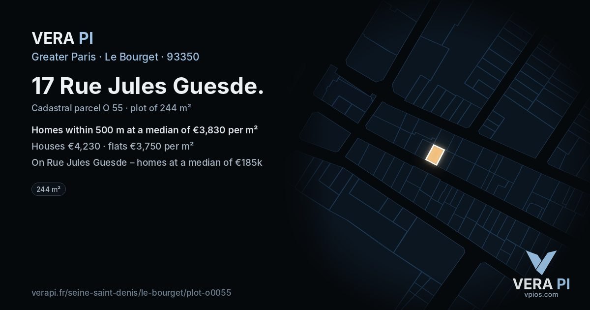 17 Rue Jules Guesde, Le Bourget at night – the plot lit, the parcels around coloured by the prices near them